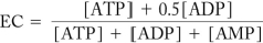 Given the energy charge equation below, if a biological system has an EC = 0.8, what is true about the concentrations of ATP, ADP, and AMP in the system?   A)  The concentrations are all equal. B)  There is more ADP in the system than ATP or AMP. C)  There is more ATP in the system than ADP or AMP. D)  There is more AMP in the system than ATP and ADP.