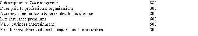 Moran pays the following expenses during the current year: If Moran itemizes his deductions and his adjusted gross income is $35,000,what is his allowable deduction for the above expenses? A) $- 0 - B) $350 C) $700 D) $1,050 E) $1,300
