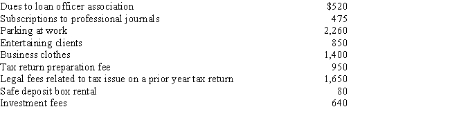 Cecelia is a loan officer for The Hibernia Street Bank.Her adjusted gross income for the current year is $85,000.Cecelia incurs the following unreimbursed expenses during the current year: ​   What is Cecelia's allowable miscellaneous itemized deduction? A) $1,390 B) $3,040 C) $4,740 D) $7,265 E) $8,965