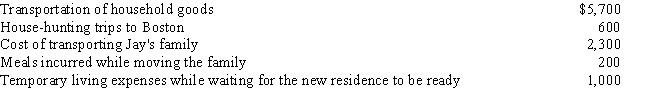 Jay obtains a new job in Boston and moves from Reno during the current year.He incurs the following moving expenses: ​   What is Jay's moving expense deduction? A) $- 0 - B) $5,700 C) $8,000 D) $9,700 E) $9,800