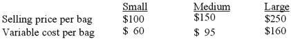 <strong>EZ Carry Corp.is the maker of high quality golf bags.They currently have three different lines of bags, which they sell to sporting goods and golf shops throughout the world.EZ Carry sells a constant mix of 4 small bags for each medium-sized bag and 5 medium bags for each large-sized bag.Total fixed costs for the year are expected to be $2,027,562.(Note: round all decimals to three decimal places.)   The breakeven point in units (for the year) would be:</strong> A)32,400 small, 8,100 medium, 1,620 large. B)34,808 small, 8,700 medium, 1,740 large. C)37,010 small, 9250 medium, 1,850 large. D)38,505 small, 9,625 medium, 1,925 large. <div style=padding-top: 35px> 