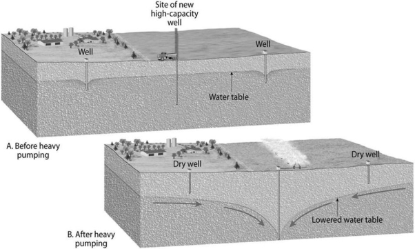 What is the name of the localized lowering of the water table shown in the diagram below?   