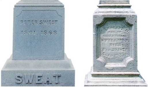 Below is an image of two tombstones that were both emplaced in 1863.   Why would the left tombstone be so much better preserved than the right tombstone? Select the best answer. A)  Two tombstones may be in the same location and be of the same rock type, but one just happened to weather faster than the other. B)  The two tombstones may be made of different rock types, and thus rates of weathering would differ. C)  The two tombstones may be located in different locations and thus have different climates. D)  It is possible that they are both in different climates and are made of different rock types. 