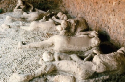   Note in the above image there are bodies buried by the pyroclastic flows from Mt. Vesuvius in 79 AD. These are <u>not</u> the actual bodies, as those were vaporized by the heat, but Plaster of Paris casts of individuals affected by the reaction, with casts made in the areas where the bodies were. How could this discovery help local residents to plan for the future? A)  Volcanoes never happen again in the same location, so it is an indicator that this area is now safe. B)  There may be written records buried with the bodies that could be of use. C)  The reason that the people did <u>not</u> survive was because they were lying down on the ground, so this can teach future residents to stand up when a pyroclastic flow comes. D)  The bodies indicate how rapidly the pyroclastic flows came, and this could be an indication of what could happen in the future. 