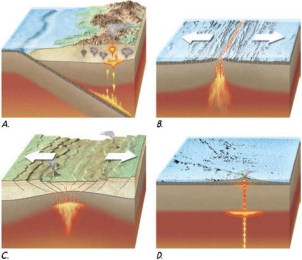   Of the diagrams pictured above, which one represents a hot spot setting? How is such a setting evidence for plat tectonic theory, and name one location where such a setting can be found.