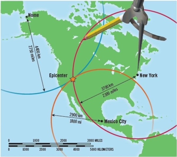 Look at the below diagram   What does the above diagram show as relating to locating an earthquake epicenter? A)  This is an example of using triangulation to correctly pinpoint an epicenter. B)  It is possible to determine the depth of the earthquake through the use of three epicenters. C)  Three is <u>not</u> a sufficient number of seismic stations to locate an earthquake epicenter. D)  Only one of the three circle radius readings is needed. The other two are simply to check the location determined from the first. 