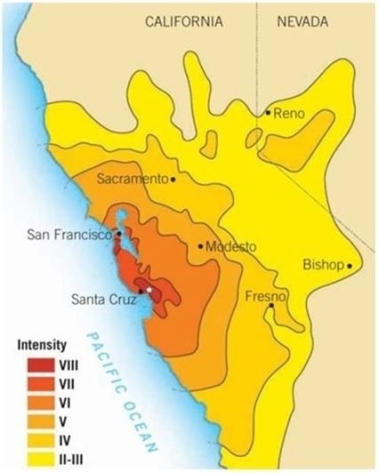 The figure below shows the intensity of an Earthquake in northern California that affected much of the same areas that were damaged by the 1906 earthquake in a very similar manner. Based on this information,_______ .   A)  construction methods are clearly inadequate in the high intensity areas, and all homes in those areas need to be reinforced B)  in general, the current building codes are inadequate and people should be aware of the hazards in this area C)  people who live in the high intensity regions should consider purchasing earthquake insurance D)  people should <u>not</u> be allowed to build homes in the intensity VIII regions because the U.S. taxpayer has to pay to rebuild after such an earthquake 