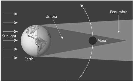 The diagram below illustrates the relationship of the Moon and the Earth during a lunar eclipse. Based on the illustration, would you expect lunar eclipses to occur more or less frequently than solar eclipses? Also, which type of eclipse would be seen by a larger portion of the Earth and therefore potentially more people.?   
