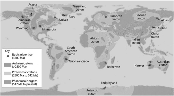Examine Figure 12.12 below, which illustrates the distribution of cratons and orogens mountain belts. on Earth today. Briefly discuss how have these regions have developed over time using the concept of plate tectonics. Include the relationship between specific types of plate boundaries to the various regions if possible.   