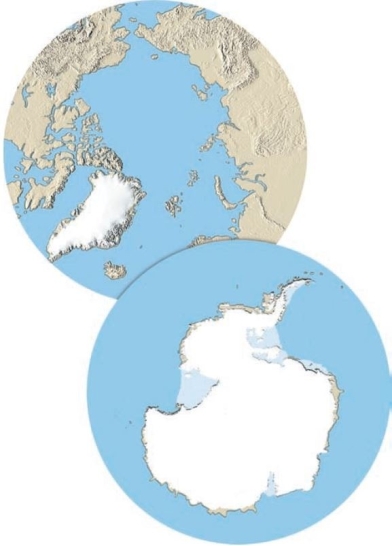 The picture below is a view of earth from the North Pole above. and one from the South Pole below.. It shows ice sheets covering Greenland and Antarctica. Why are ice sheets primarily found in these regions?   A)  These are places that have <u>not</u> yet been developed. In other locations, the ice has been cleared. B)  They are the coldest regions of the globe. C)  When the ice age ended, the ice did <u>not</u> melt back so much as migrated to these locations on ocean currents. D)  They have numerous mountains, and the alpine glaciers coalesce. 