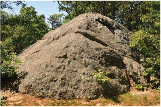 Please note the rock in the picture below   It is out of place from the surrounding terrane and is known as an  erratic . Knowing that glaciers p through this area, how did it get here? A)  It was exposed by glacial erosion. B)  It was deposited by a meltwater stream. C)  It was carried in glacial ice from far away. D)  It used to be a mountain but is all that is left after glacial erosion. 