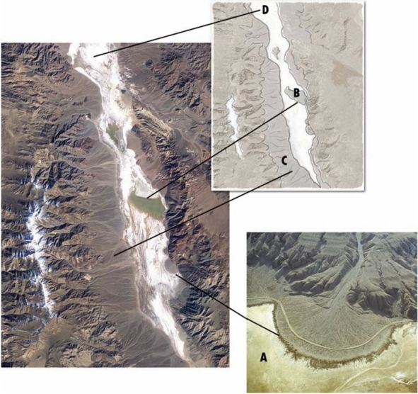   -In the figure above, identify the letter corresponding to a playa or salt flat.