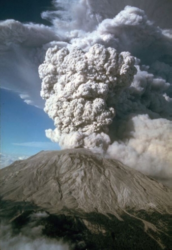 Below is a picture of Mt. St. Helens volcano   What is the usual cause for such events? A)  location near a plate boundary B)  location in earth's interior C)  interaction of the hydrosphere and the atmosphere D)  earthquakes 