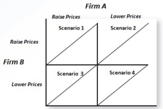 Exhibit 10.8    -Refer to Exhibit 10.8.Suppose Firm A and Firm B are the only 2 airlines serving this market.If Firm B announces holiday discounts,how will Firm A respond? A) Scenario 1 B) Scenario 4 C) Scenario 1 and Scenario 2 D) Scenario 1 and Scenario 3 E) Scenario 1 and Scenario 4