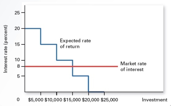 Exhibit 13.2    -Refer to Exhibit 13.2,which shows the expected rate of return on investment undertaken by a firm.What is the firm's investment in a project if the market rate of interest rises to 16 percent? A) $5,000 B) $10,000 C) $15,000 D) $20,000 E) $25,000