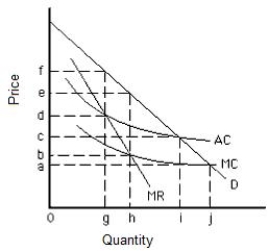 Exhibit 15.4    -Refer to Exhibit 15.4,which shows the cost and revenue curves for a natural monopolist.If regulators allow the natural monopolist to earn only a normal profit,it will produce an output equal to _____ A)  0. B)  g. C)  h. D)  i. E)  j.