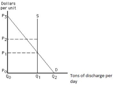 Exhibit 17.7    -Refer to Exhibit 17.7,which shows the optimal allocation of pollution rights to firms polluting a river.If the government sells the right to pollute the river,_____ A) firms will emit Q<sub>1</sub> units of the pollutant at a price of P<sub>0</sub> each. B) firms will emit Q<sub>2</sub> units of the pollutant at a price of P<sub>0</sub> each. C) firms will emit Q<sub>0</sub> units of the pollutant at a price of P<sub>3</sub> each. D) firms will emit Q<sub>1</sub> units of the pollutant at a price of P<sub>1</sub> each. E) firms will emit Q<sub>2</sub> units of the pollutant at a price of P<sub>3</sub> each.