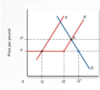 Exhibit 19.3    -Refer to Exhibit 19.3,which shows the supply of a product in the United States.If the world price is P,then the quantity demanded is _____ A) Q. B) Q' C) Q  D) 0.5 x (Q'-Q)  E) 0.5 x (Q -Q') 