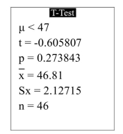  The following display from a TI-84 Plus calculator presents the results of a hypothesis test for a population mean  \mu .    State the null and alternate hypotheses. A)   H _ { 0 } : \mu = 47 , H _ { 1 } : \mu < 47  B)   H _ { 0 } : \mu \neq 46.81 , H _ { 1 } : \mu = 46.81  C)   H _ { 0 } : \mu \neq 47 , H _ { 1 } : \mu = 47  D)   H _ { 0 } : \mu = 47 , H _ { 1 } : \mu = 46.81