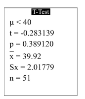  The following display from a TI-84 Plus calculator presents the results of a hypothesis test for a population mean μ.   What is the value of  \bar { x }   ? A)  -0.283139 B)  0.389120 C)  39.92 D)  40 