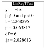  The following display from a TI-84 Plus calculator presents the results of a test of the null hypothesis  H _ { 0 } : \beta _ { 1 } = 0    How many degrees of freedom did the calculator use? A)  4 B)  7 C)  8 D)  6 