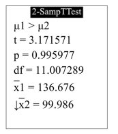  The following display from a TI-84 Plus calculator presents the results of a hypothesis test for the difference between two means. The sample sizes are  n _ { 1 } = 7 \text { and } n _ { 2 } = 13    What is the P-value? A)  0.995977 B)  11.007289 C)  0.004023 D)  3.171571 