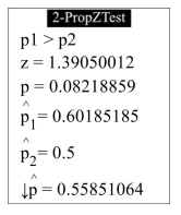  The following display from a TI-84 Plus calculator presents the results of a hypothesis test for the difference between two proportions. The sample sizes are  n _ { 1 } = 108 \text { and } n _ { 2 } = 80     \text { Can you reject } H _ { 0 } \text { rejected at the } \alpha = 0.05 \text { level? }