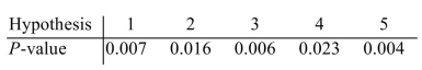 <strong>Five null hypotheses were tested, and the P-values were: Which hypotheses, if any, can be rejected at the 05 level?</strong> A) none of them B) 2, 4 C) 1, 3, 5 D) all of them