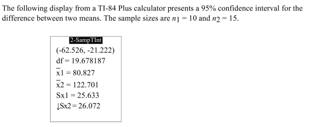 <strong>  How many degrees of freedom did the calculator use?</strong> A) -0.439 B) -41.874 C) 19.678187 D) 80.827 <div style=padding-top: 35px> 