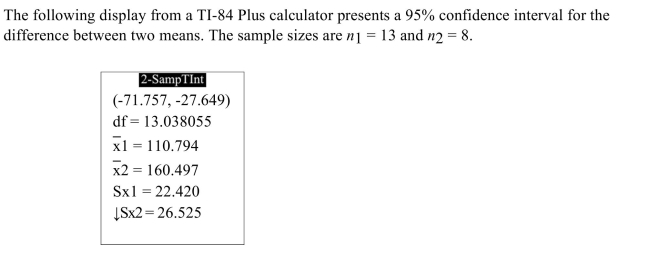 <strong>  Fill in the blanks: We are 95% confident that the difference between the means is between _________ and _________.</strong> A) 22.420, 26.525 B) 110.794, 160.497 C) 0, 13.038055 D) -71.757, -27.649 <div style=padding-top: 35px> 