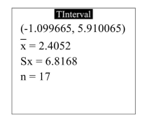  The following display from a TI-84 Plus calculator presents a 95% confidence interval for the mean difference between matched pairs.   What is the point estimate of  \mu _ { d }  ? A)  7.00973 B)  17 C)  2.4052 D)  6.8168 
