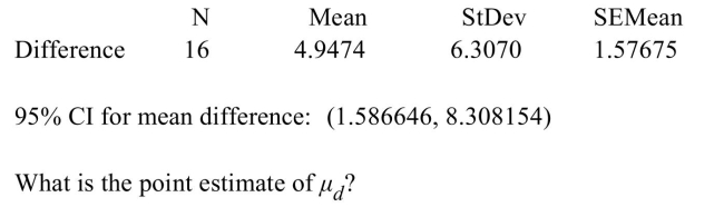 <strong>The following output from MINITAB presents a confidence interval for the mean difference between matched pairs.  </strong> A) 1.57675 B) 15 C) 4.9474 D) 6.3070 <div style=padding-top: 35px> 