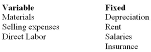 In relation to calculating a break-even point,identify two costs that are considered fixed and two costs considered variable.     Students may list other acceptable answers,those outlined above appear on p.281.
