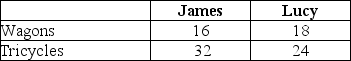 Table 2-6    Table 2-6 shows the output per week of two people,James and Lucy.They can either devote their time to making wagons or making tricycles. -Refer to Table 2-6.What is James's opportunity cost of making a wagon? A) 2 tricycles B) 1/2 of a wagon C) 1/2 of a tricycle D) 3/4 of a wagon