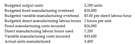 Different management levels in Bates Inc. require varying degrees of managerial accounting information. Because of the need to comply with the managers' requests, four different variances for manufacturing overhead are computed each month. The information for the September overhead expenditures is as follows:    Required: Calculate the variable manufacturing overhead spending and efficiency variances; and, the fixed manufacturing overhead budget and volume variances.