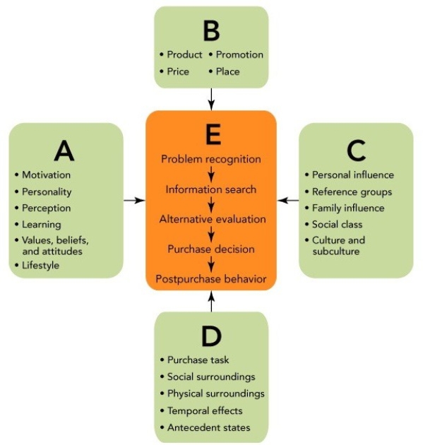 Figure 5-5    -In Figure 5-5 above,B represents the ________ influences that can affect the consumer purchase decision process. A) economic B) situational C) environmental D) marketing mix E) market-dominated