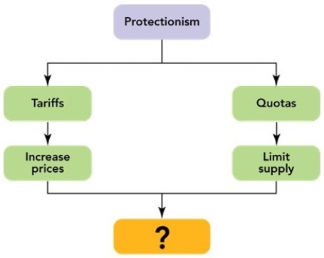 Figure 7-2    -The question mark in Figure 7-2 above leads to which of the following as a result of the imposition of tariffs and quotas? A) an increase in world trade B) a decrease in world trade C) a limit on exports D) an increase in exports E) countertrade