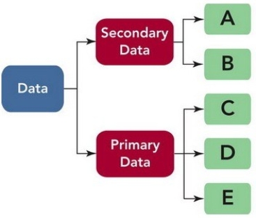 Figure 8-2    -Figure 8-2 above shows that primary data may be divided into three related parts.If D represents data obtained by asking people about their attitudes,awareness,intentions,and behaviors using individual interviews,focus groups,or online surveys,which type of data is D? A) questionnaire data B) mined data C) internal secondary data D) external secondary data E) observational data