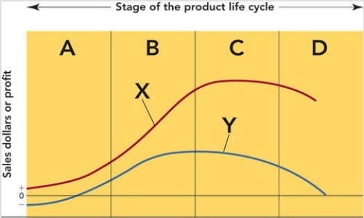 Figure 11-1    -Figure 11-1 above represents the stages of the product life cycle.What does the curve labeled X represent? A) total variable costs B) total fixed costs C) total industry profit D) total industry sales revenue E) total research and development costs