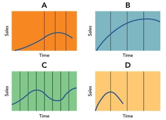 Figure 11-3    -The product life cycle shown in Box C in Figure 11-3 above is an example of a ________ product. A) high-learning B) fashion C) low-learning D) fad E) generalized
