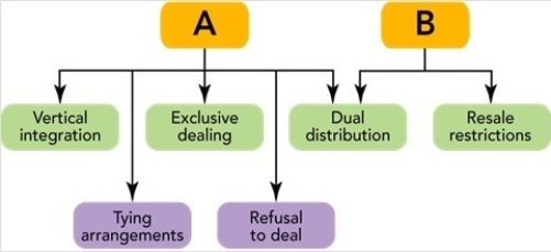 Figure 15-7    -Figure 15-7 above shows six channel practices that restrain competition,create monopolies,or otherwise represent unfair methods of competition.Box B represents which federal legislation meant to curb them? A) Sherman Act B) Robinson-Patman Act C) Federal Trade Commission Act D) Consumer Goods Pricing Act E) Clayton Act