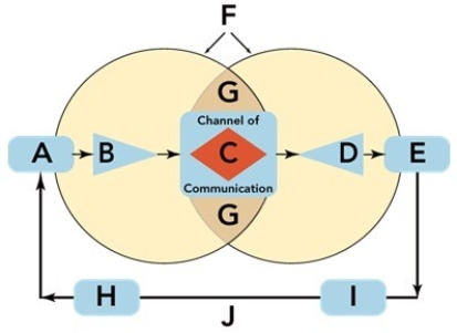 Figure 17-1    -Figure 17-1 above depicts the communication process,which consists of ten key elements (Boxes A through J).Identify and briefly describe each of the ten elements.