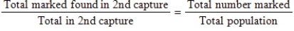 In wildlife management, the capture-mark-recapture technique is used to estimate the populations of fish or birds in an area or to measure the infestation of insects such as Japanese beetles. Suppose 100 individuals of the species being studied are caught, marked, and released, and one week later 100 more are caught. To estimate the total number of individuals, the following relationship is used: ​   ​ Suppose that 1000 beetles are captured, marked, and released. Suppose further that in the second capture of 1000 it is found that 59 are marked. What is the population estimate? ​ A) 59,000 B) 287 C) 59 D) 16,949 E) 3,481