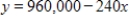 Suppose the cost of a business property is $960,000, and a company wants to use a straight-line depreciation schedule for a period of 240 months. If y is the value of this property after x months, then the company's depreciation schedule will be the equation of a line through (0,960000)  and (240,0) . Write the equation of this depreciation schedule. ​ A)    B)    C)    D)    E)   