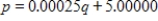Suppose a mining company will supply 80,000 tons of ore per month if the price is $25 per ton but will supply only 60,000 tons per month if the price is $20 per ton. Assume the demand function is linear. Choose the correct equation for demand in the form p for price in terms of q for quantity. Round your coefficients to five decimal places. ​ A)    B)    C)    D)    E)   
