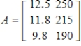 Suppose the weights (in grams)  and lengths (in centimeters)  of three groups of laboratory animals are given by matrix A, where column 1 gives the lengths and each row corresponds to one group. ​ ​   ​If the increase in both weight and length over the next two weeks is 19% for group I, 9% for group II, and 3% for group III, then the increases in the measures during the 2 weeks can be found by computing GA, where ​   What are the increases in respective weights and measures at the end of these 2 weeks? ​ A)    B)    C)    D)    E)   