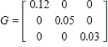 Suppose the weights (in grams)  and lengths (in centimeters)  of three groups of laboratory animals are given by matrix A, where column 1 gives the lengths and each row corresponds to one group. ​   ​ ​ If the increase in both weight and length over the next two weeks is 12% for group I, 5% for group II, and 3% for group III, then the increases in the measures during the 2 weeks can be found by computing GA, where ​   ​ ​ Find the matrix that gives the new weights and measures at the end of this period by computing   , where   is the 3×3 identity matrix. ​ A)    B)    C)    D)    E) ​  
