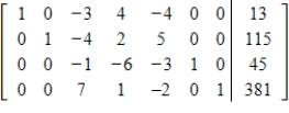 A simplex matrix for a standard maximization problem is given. Indicate whether or not the solution shown is complete (optimal) . If the solution is not complete, find the next pivot or indicate that no solution exists.   A) next pivot: 7 in R<sub>4</sub>C<sub>3</sub> B) next pivot: -2 in R<sub>4</sub>C<sub>5</sub> C) next pivot: 5 in R<sub>2</sub>C<sub>5</sub> D) optimal solution E) no solution