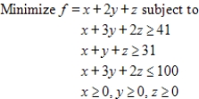 Use the simplex method, Excel, or another technology to solve.​ ​   ​ A) minimum:   B) minimum:   C) minimum:   D) minimum:   E) minimum:  