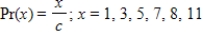 Determine c, if possible, so that the formula   describes a discrete probability distribution. ​ A) 11 B)    C) 35 D) ​   E) not possible